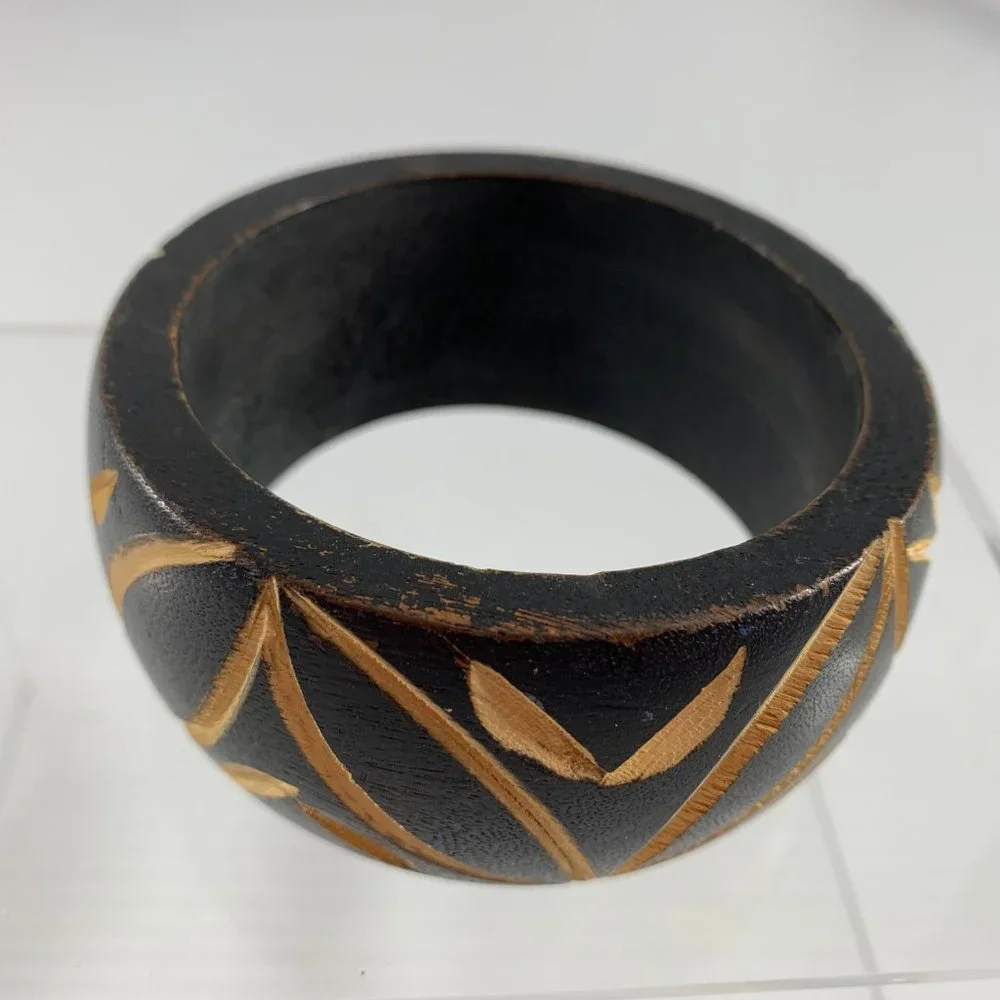 Wood Etched Bangle Bracelet Black Brown Leaf Pattern Ethnic 1.5